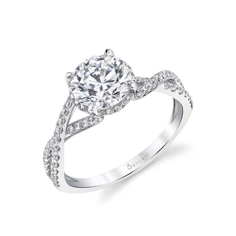 Round Cut Split Shank Twisted Hidden Halo Diamond Engagement Ring - Agnia