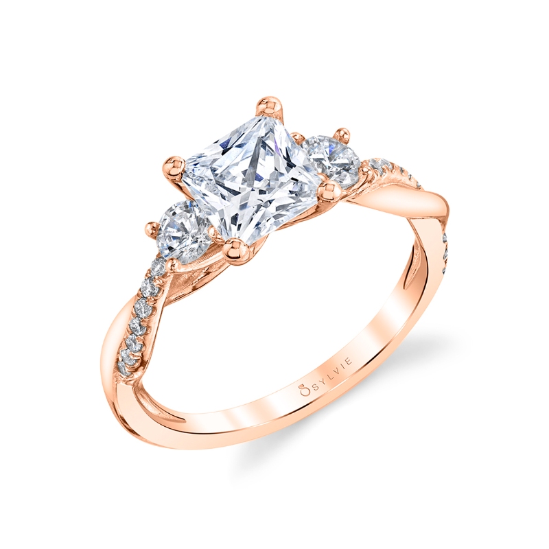 Princess Cut Three Stone Spiral Engagement Ring - Evangeline