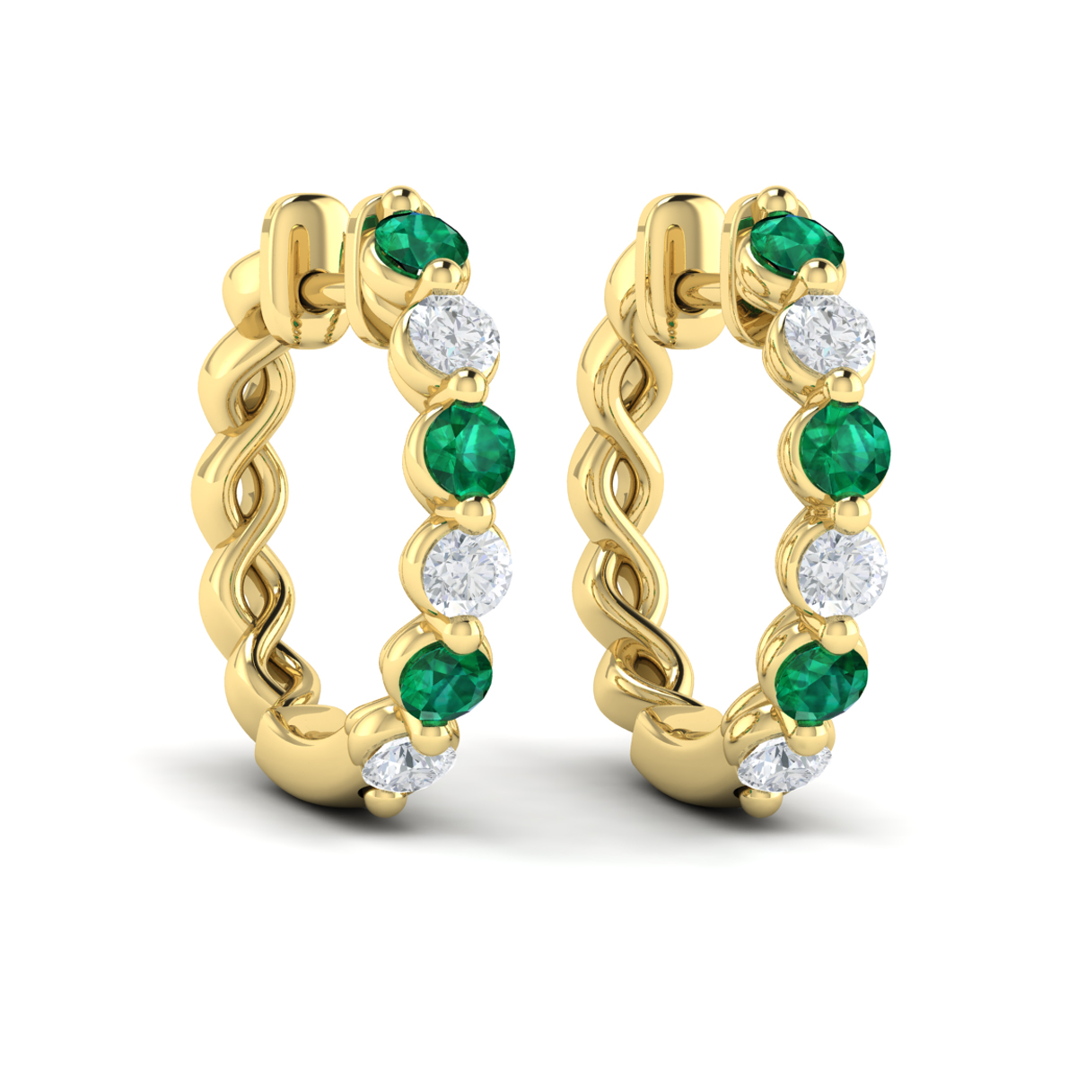 Diamond and Emerald Twist Hoop Earrings