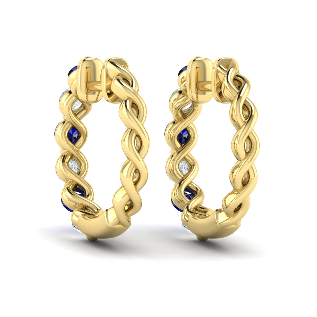 Diamond and Blue Sapphire Twist Hoop Earrings