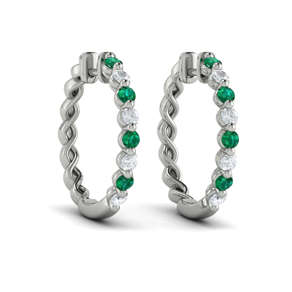 Diamond and Emerald Twist Hoop Earrings