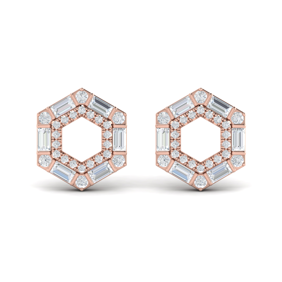 Diamond Baguette Double Row Open Honeycomb Stud Earrings