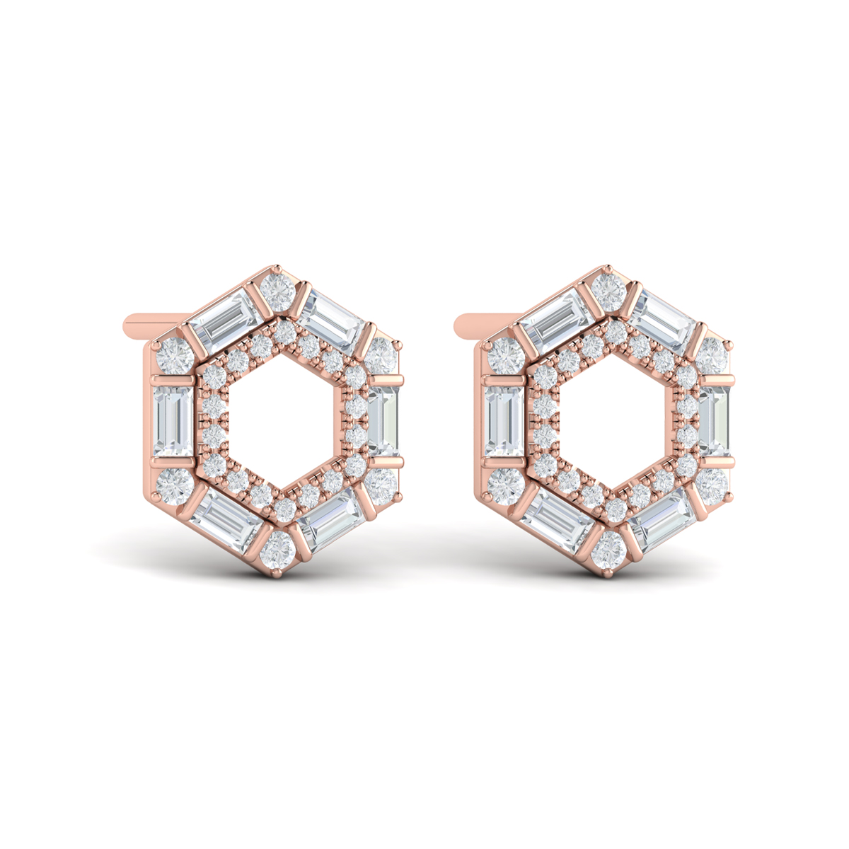 Diamond Baguette Double Row Open Honeycomb Stud Earrings