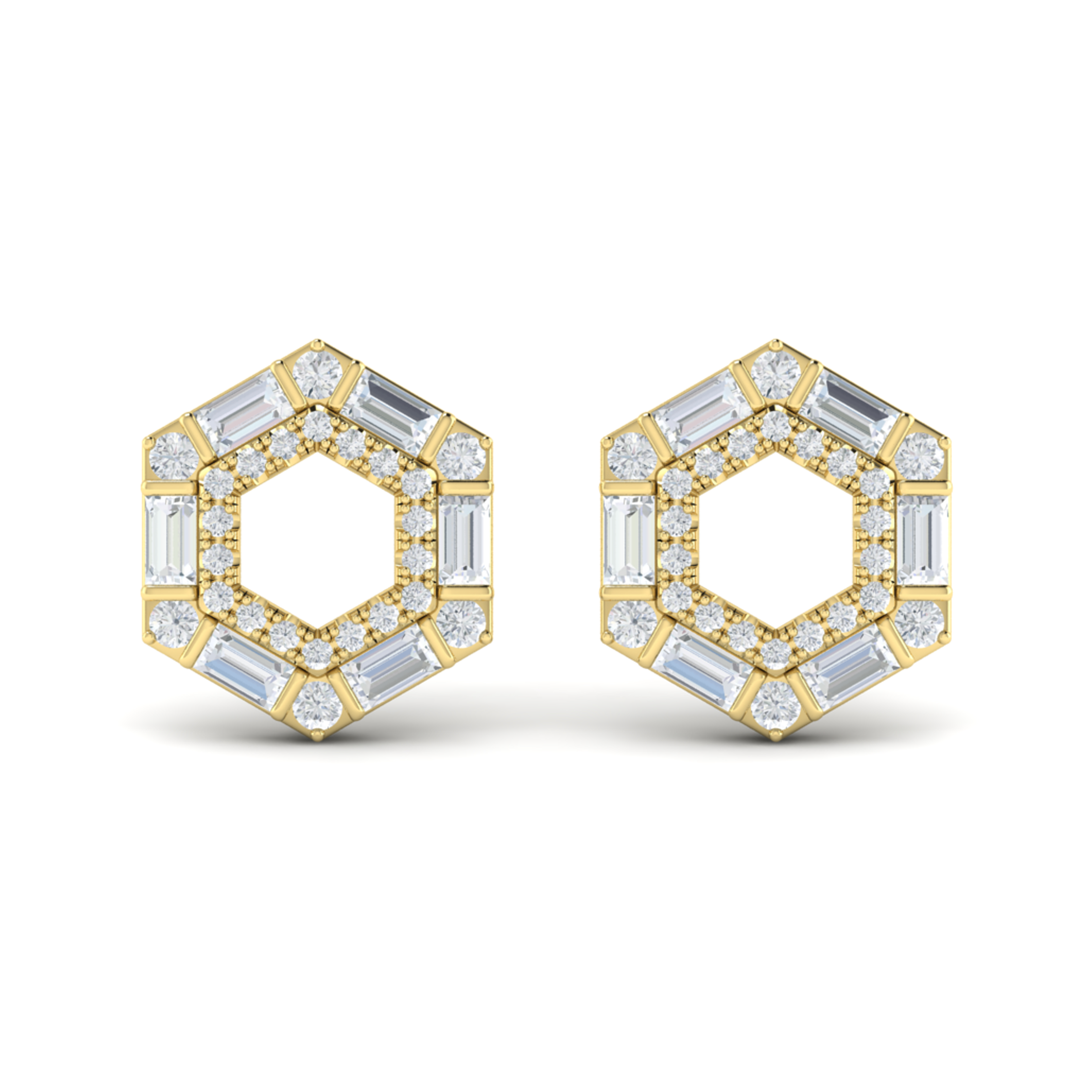 Diamond Baguette Double Row Open Honeycomb Stud Earrings