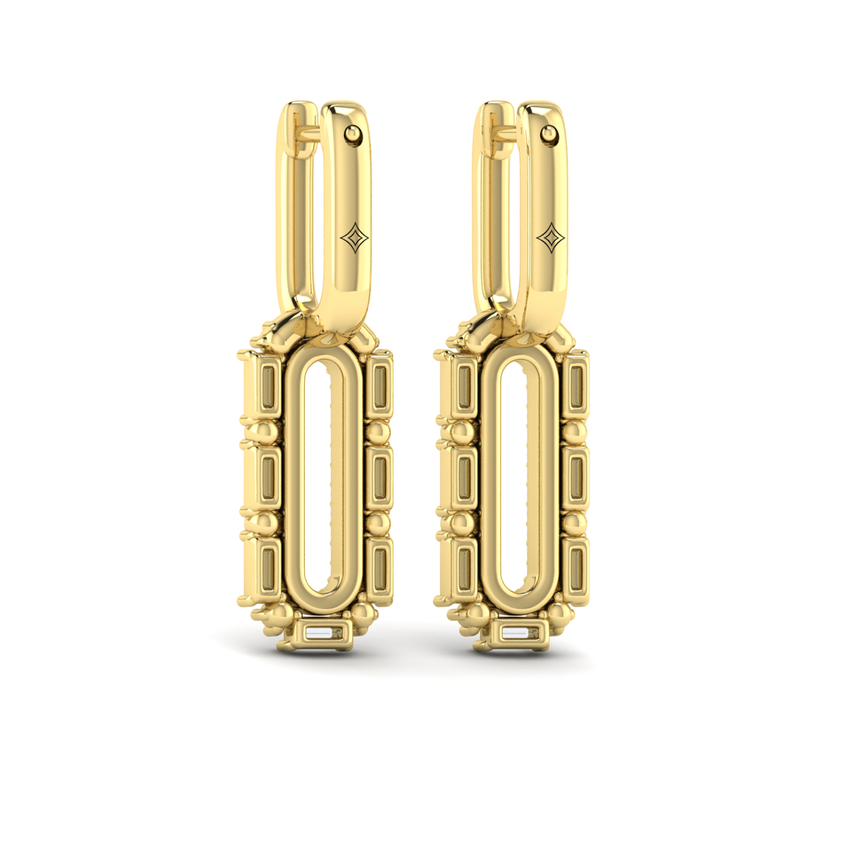 Diamond Baguette Double Row Link Drop Huggie Earrings