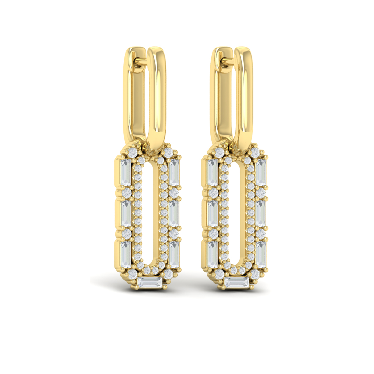 Diamond Baguette Double Row Link Drop Huggie Earrings