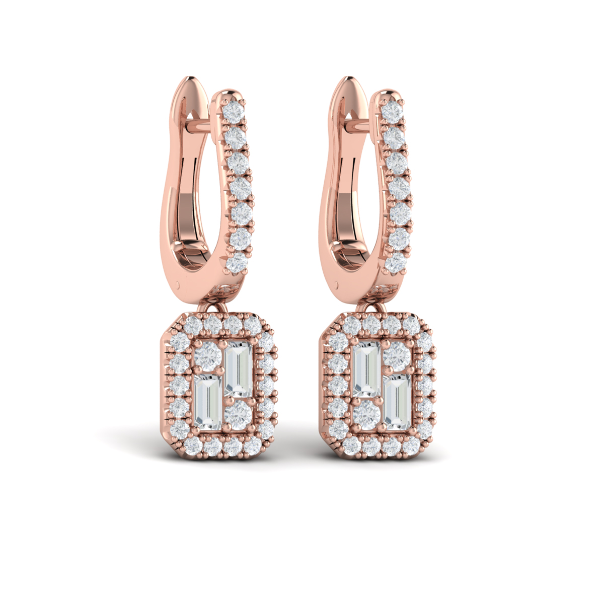 Diamond Baguette Halo Drop Huggie Earrings