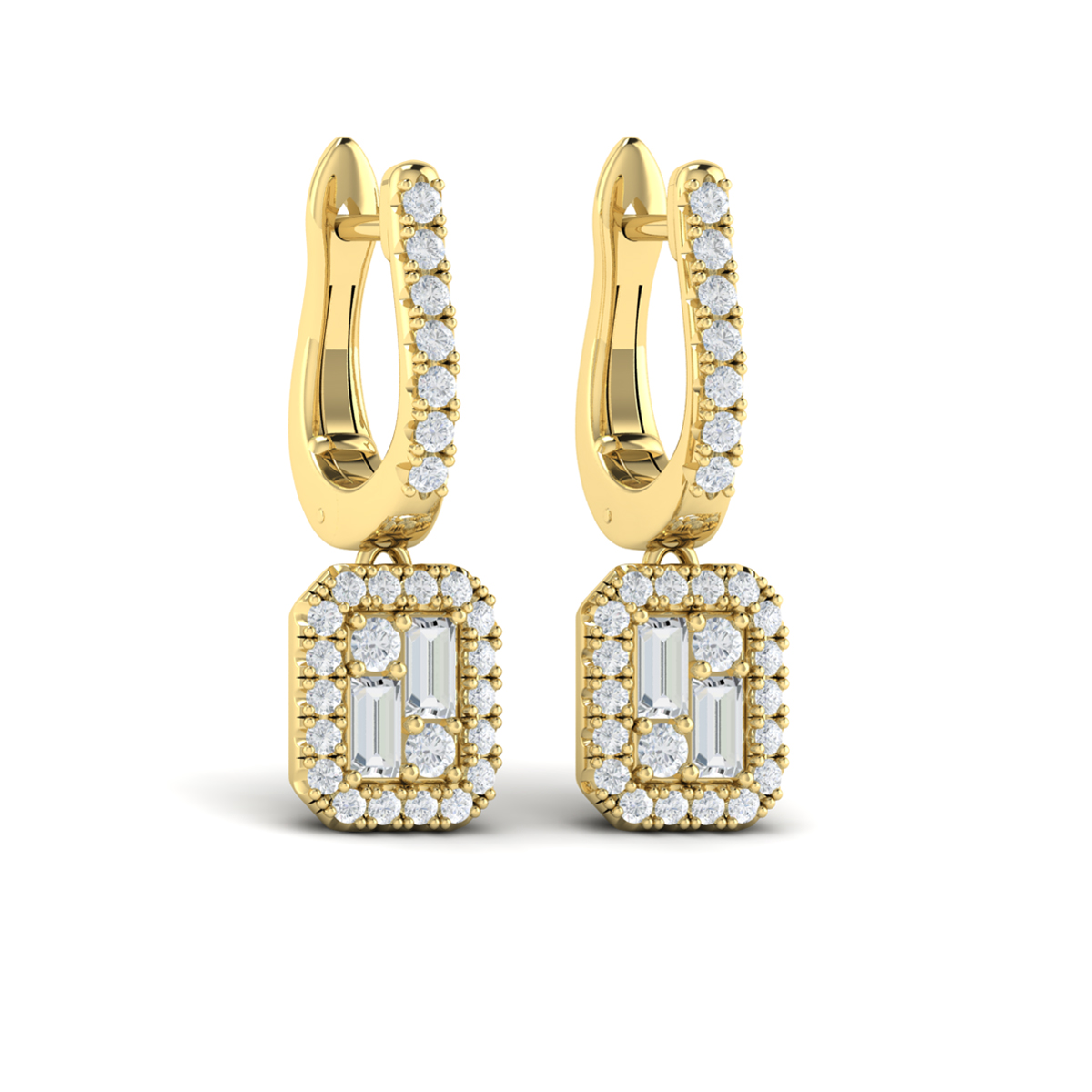 Diamond Baguette Halo Drop Huggie Earrings