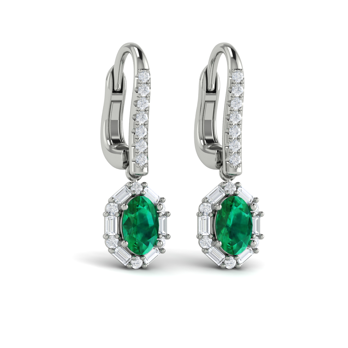 Oval Emerald and Diamond Baguette Earrings