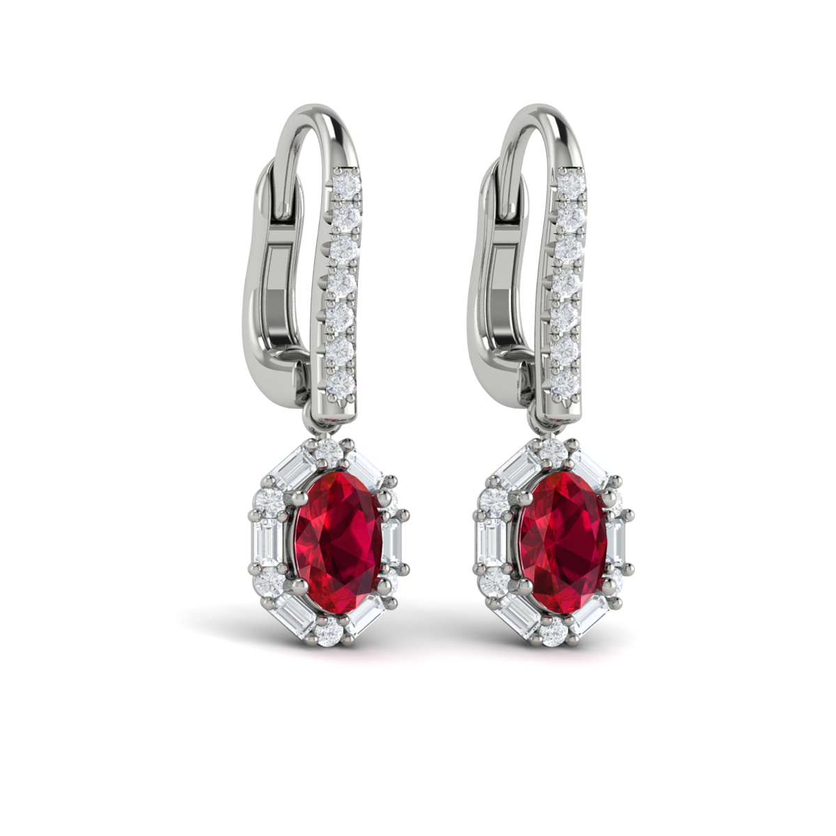 Oval Ruby and Diamond Baguette Earrings