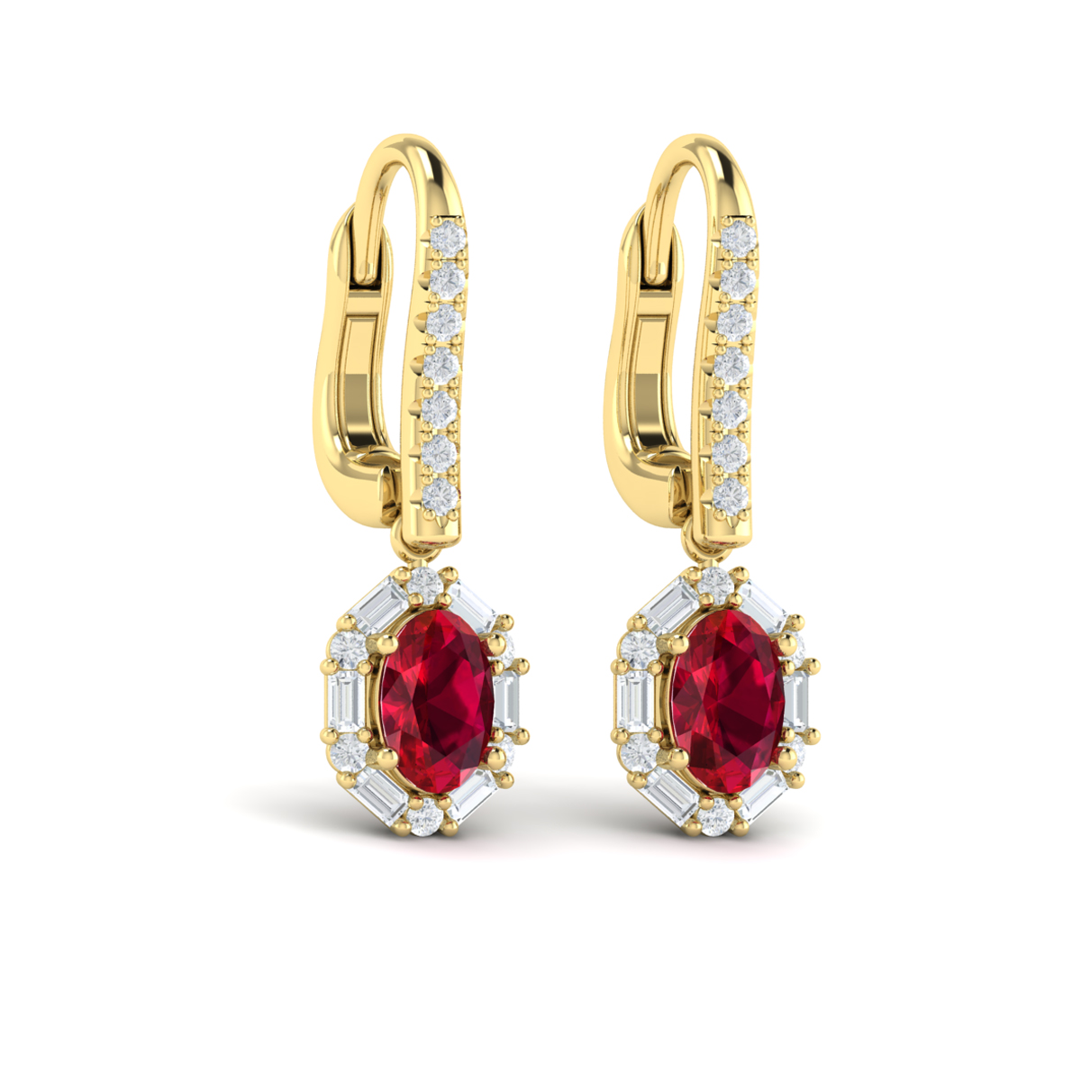 Oval Ruby and Diamond Baguette Earrings