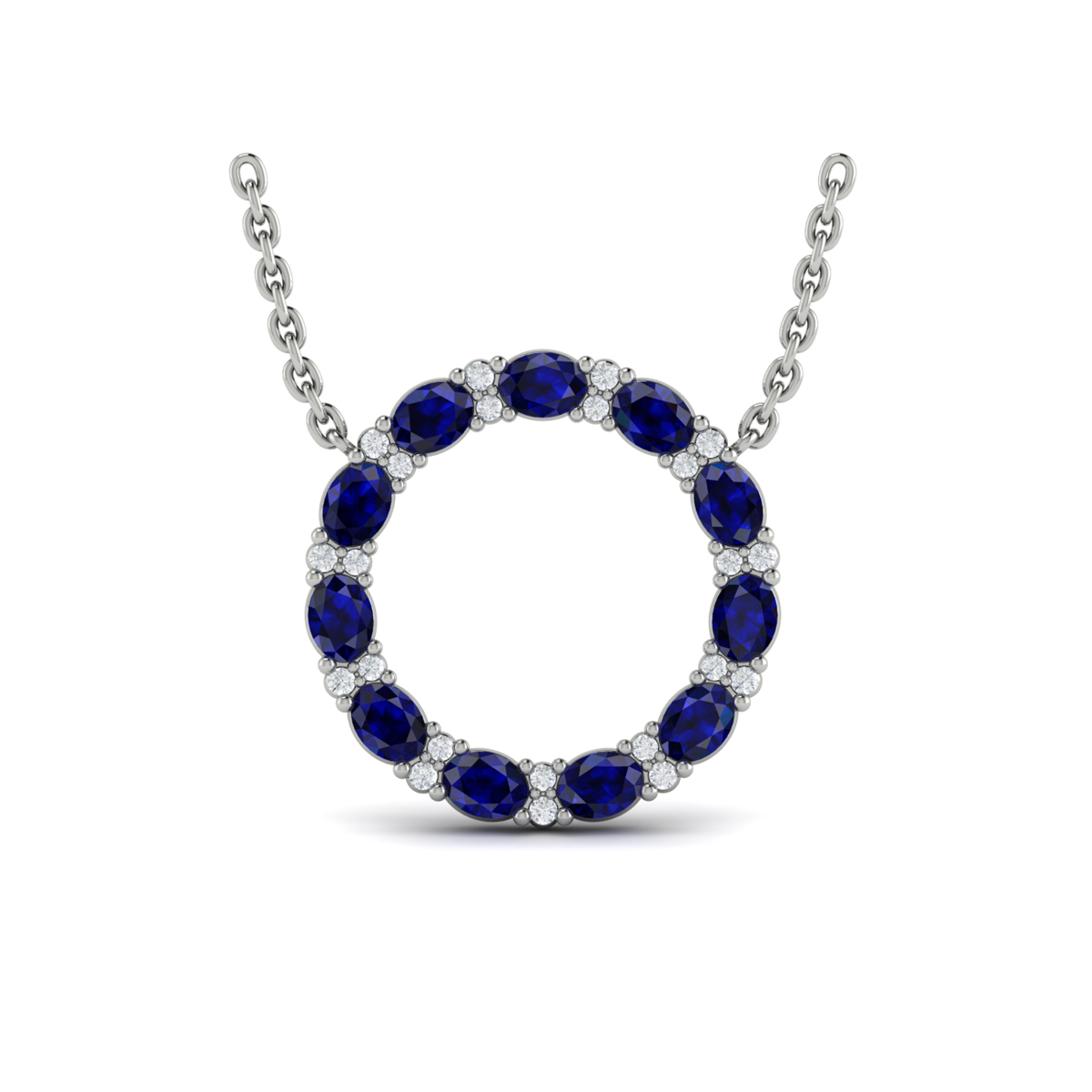 Oval Blue Sapphire and Diamond Open Circle Pendant Necklace