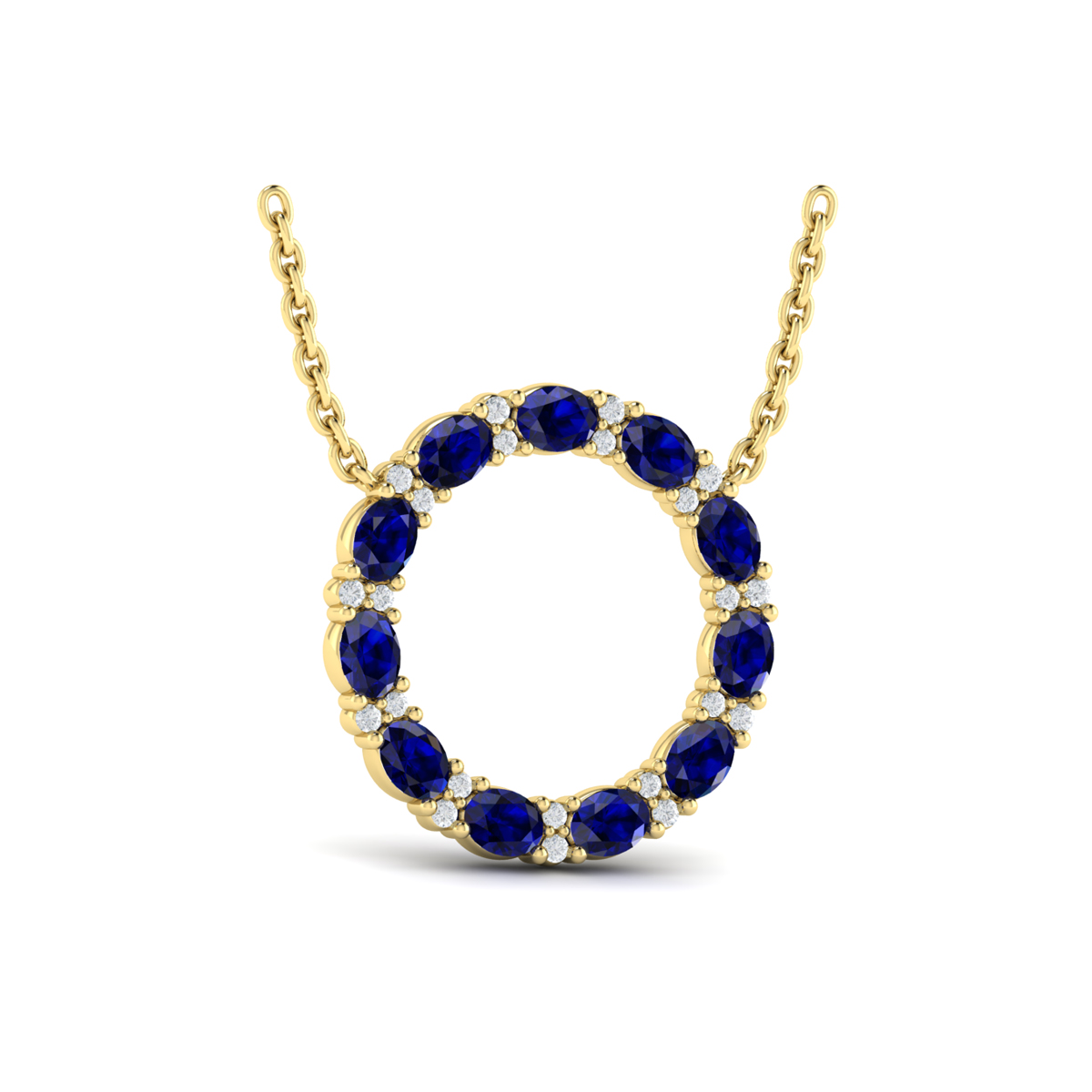 Oval Blue Sapphire and Diamond Open Circle Pendant Necklace
