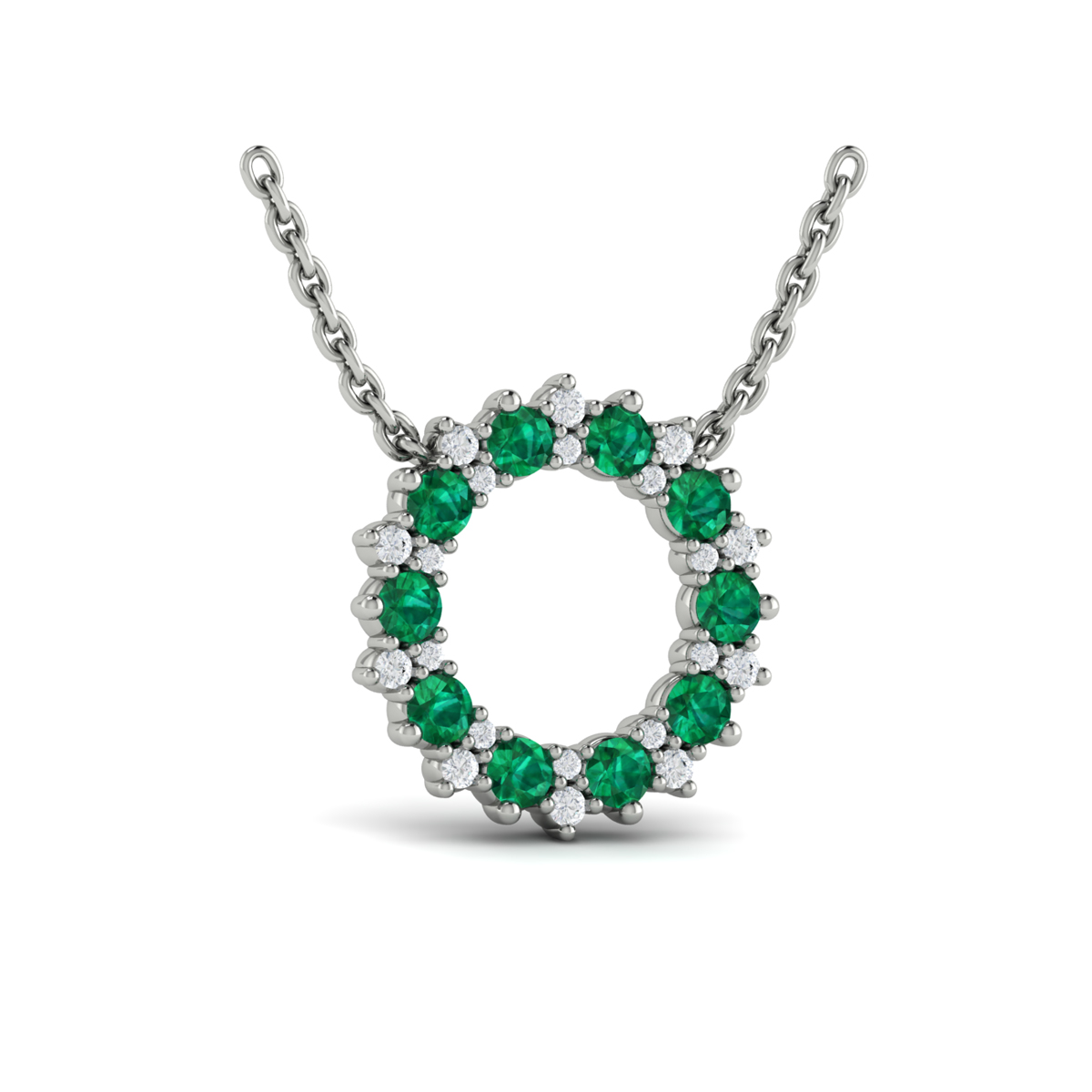 Diamond and Emerald Open Starburst Circle Pendant Necklace