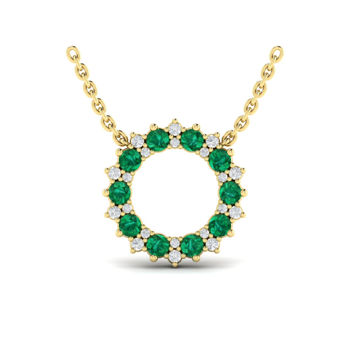 Diamond and Emerald Open Starburst Circle Pendant Necklace