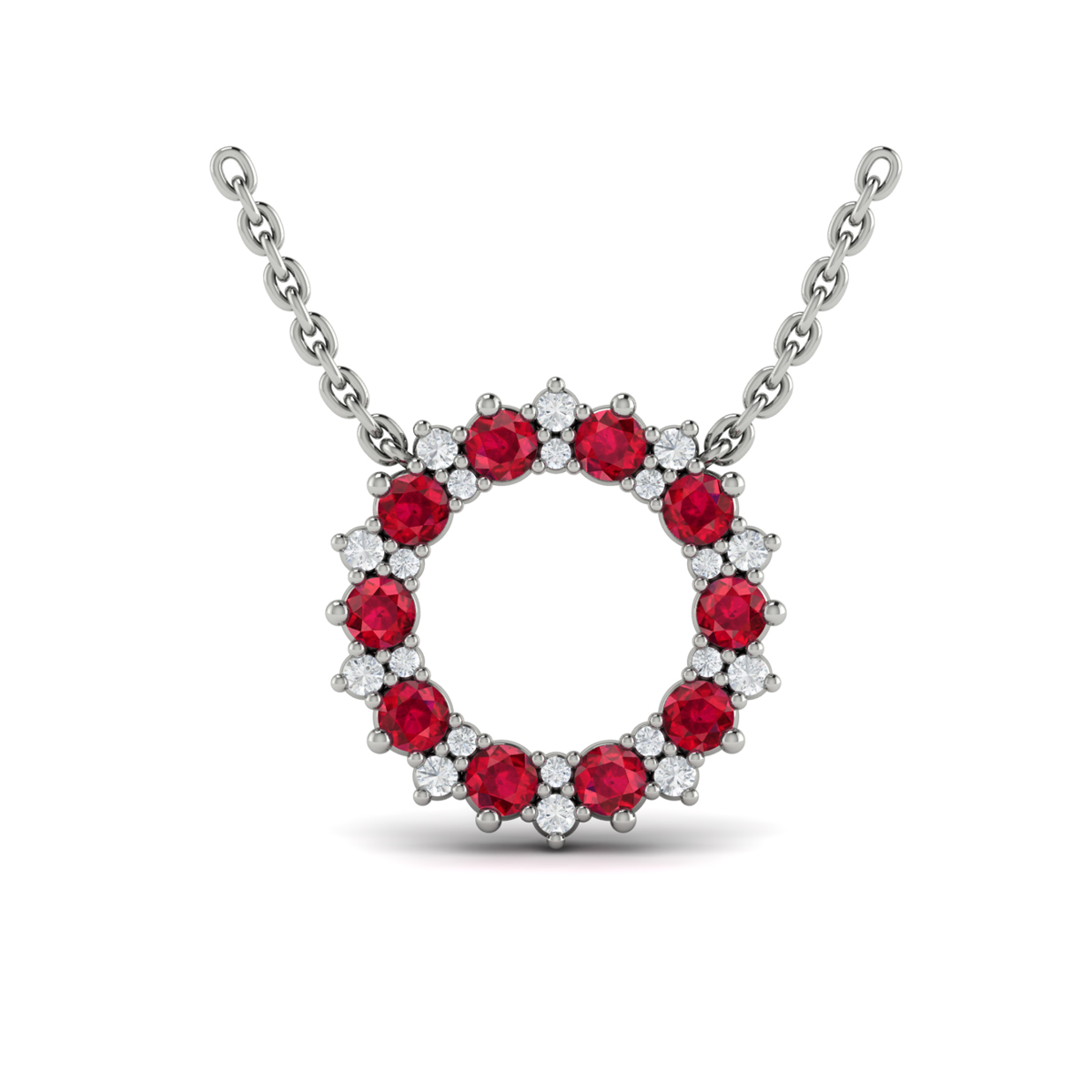 Diamond and Ruby Open Starburst Circle Pendant Necklace