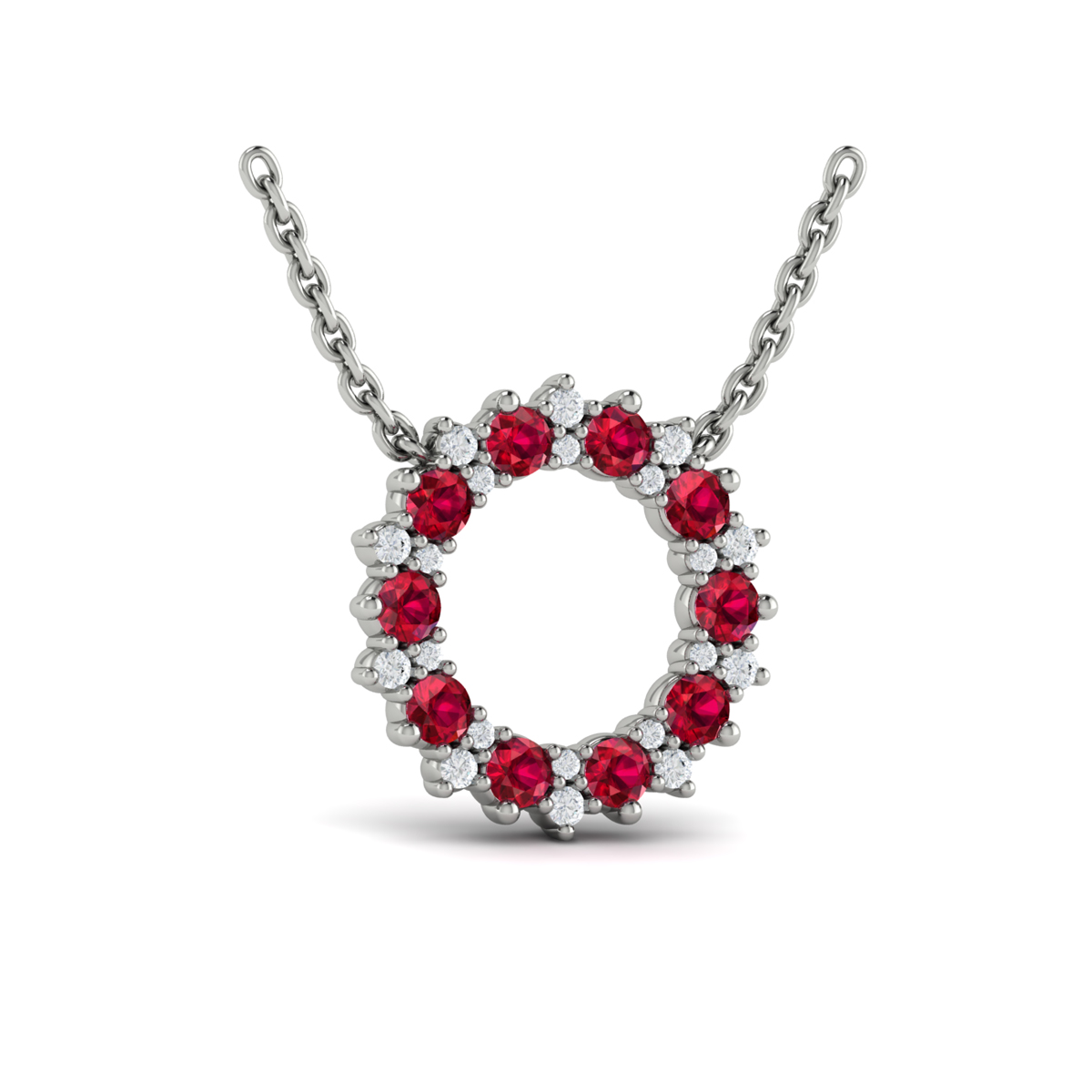Diamond and Ruby Open Starburst Circle Pendant Necklace