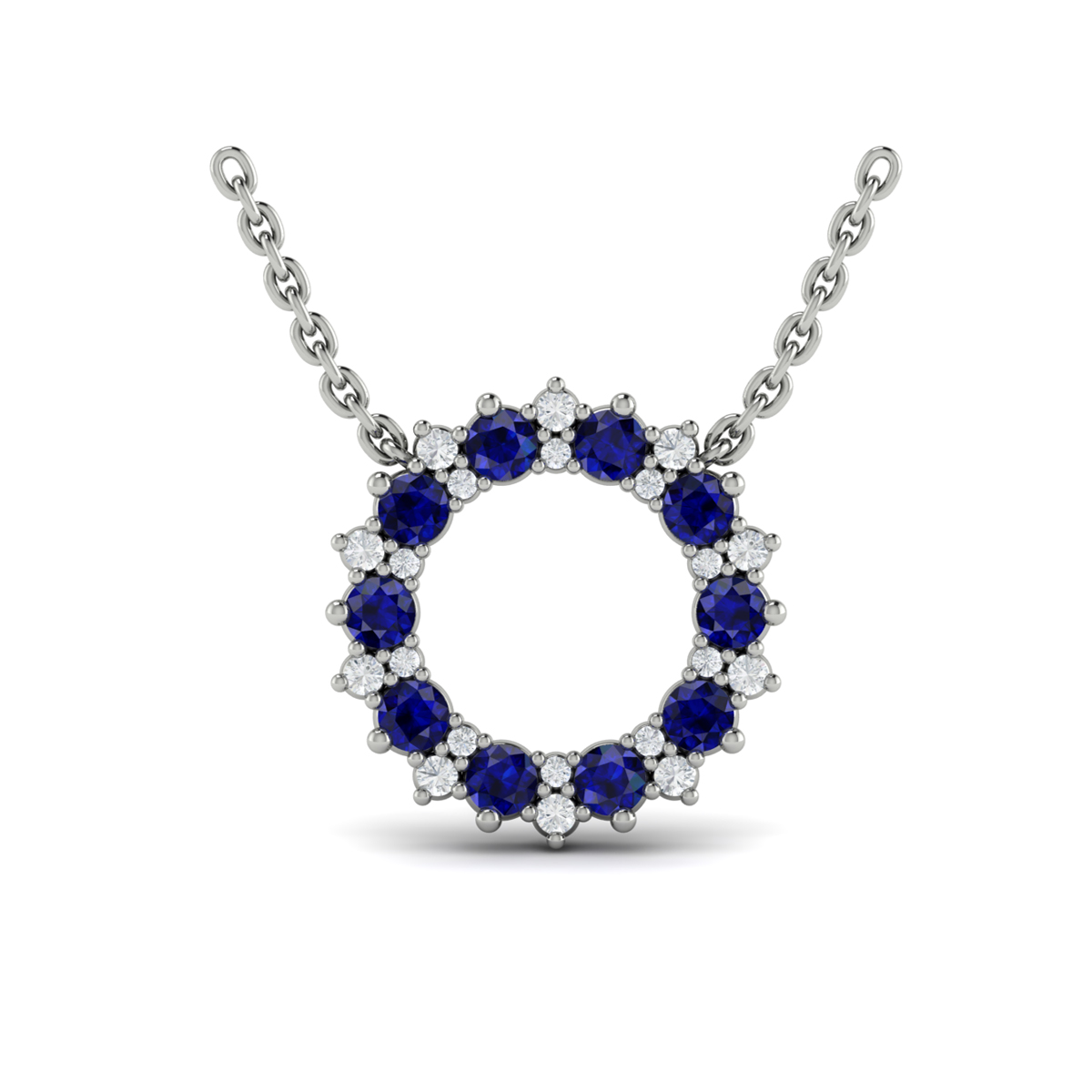 Diamond and Blue Sapphire Open Starburst Circle Pendant Necklace