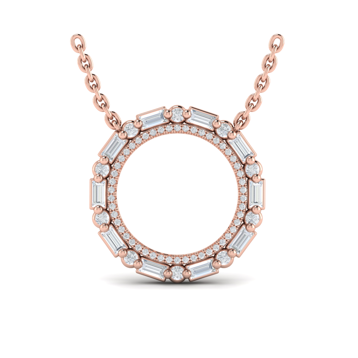 Diamond Baguette Double Open Circle Pendant Necklace