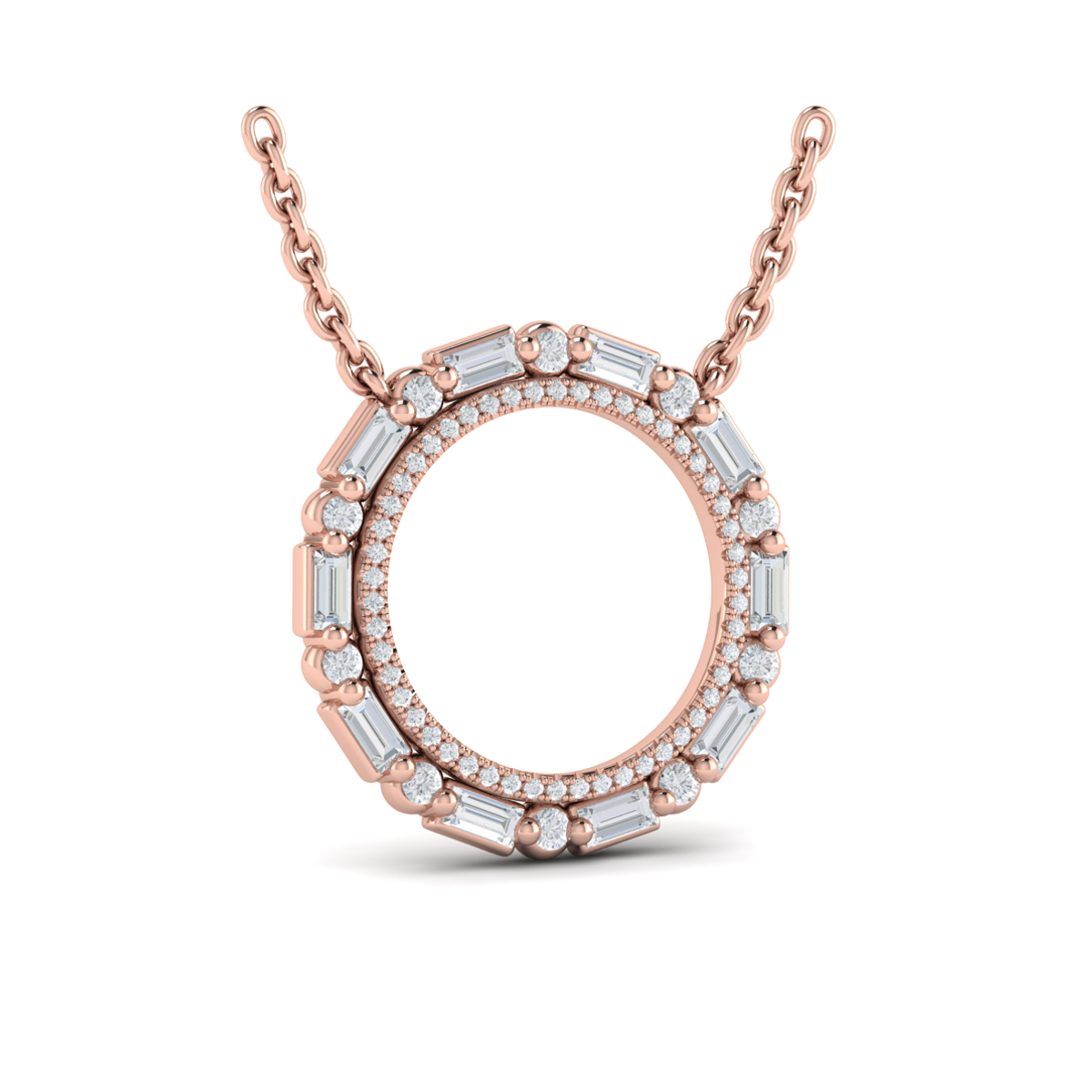 Diamond Baguette Double Open Circle Pendant Necklace
