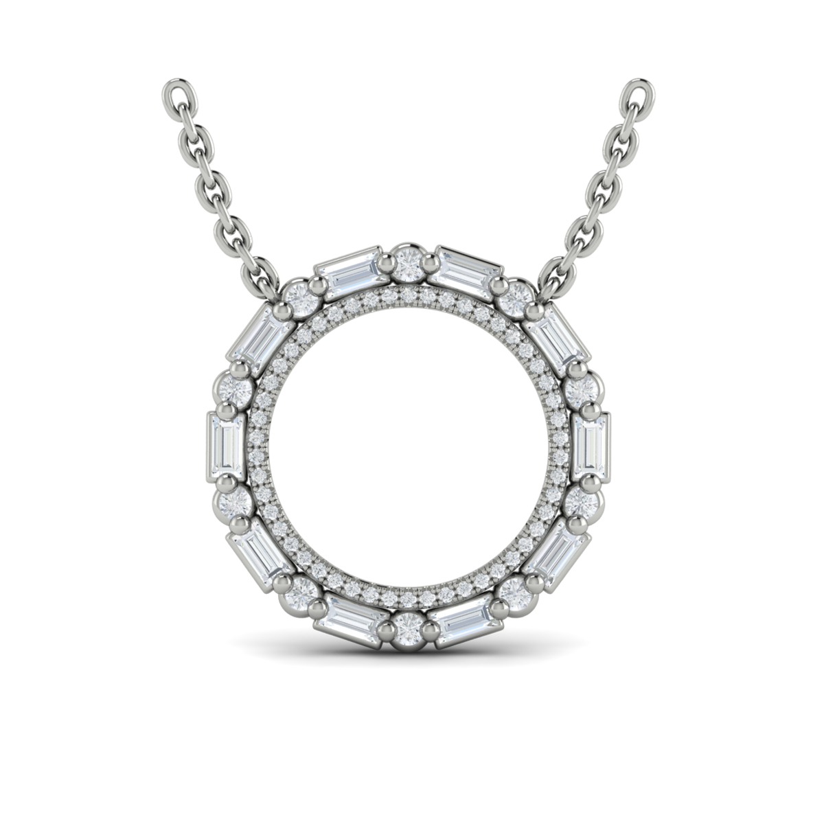 Diamond Baguette Double Open Circle Pendant Necklace