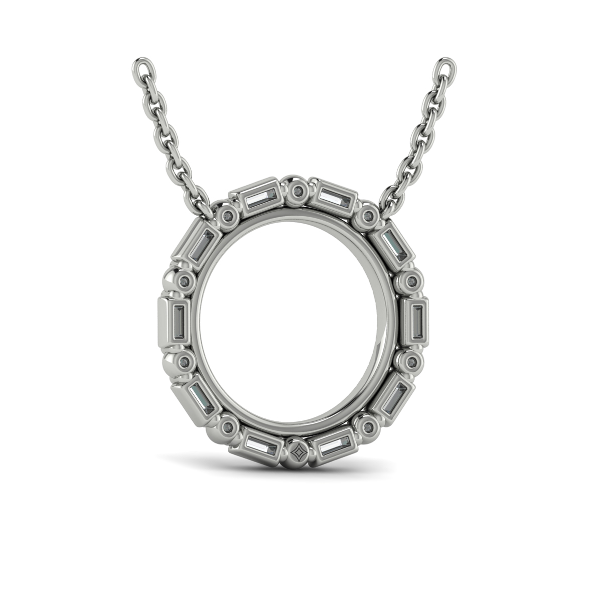 Diamond Baguette Double Open Circle Pendant Necklace
