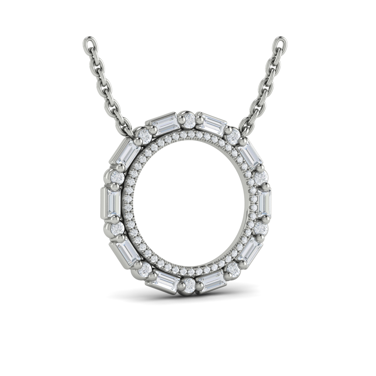 Diamond Baguette Double Open Circle Pendant Necklace