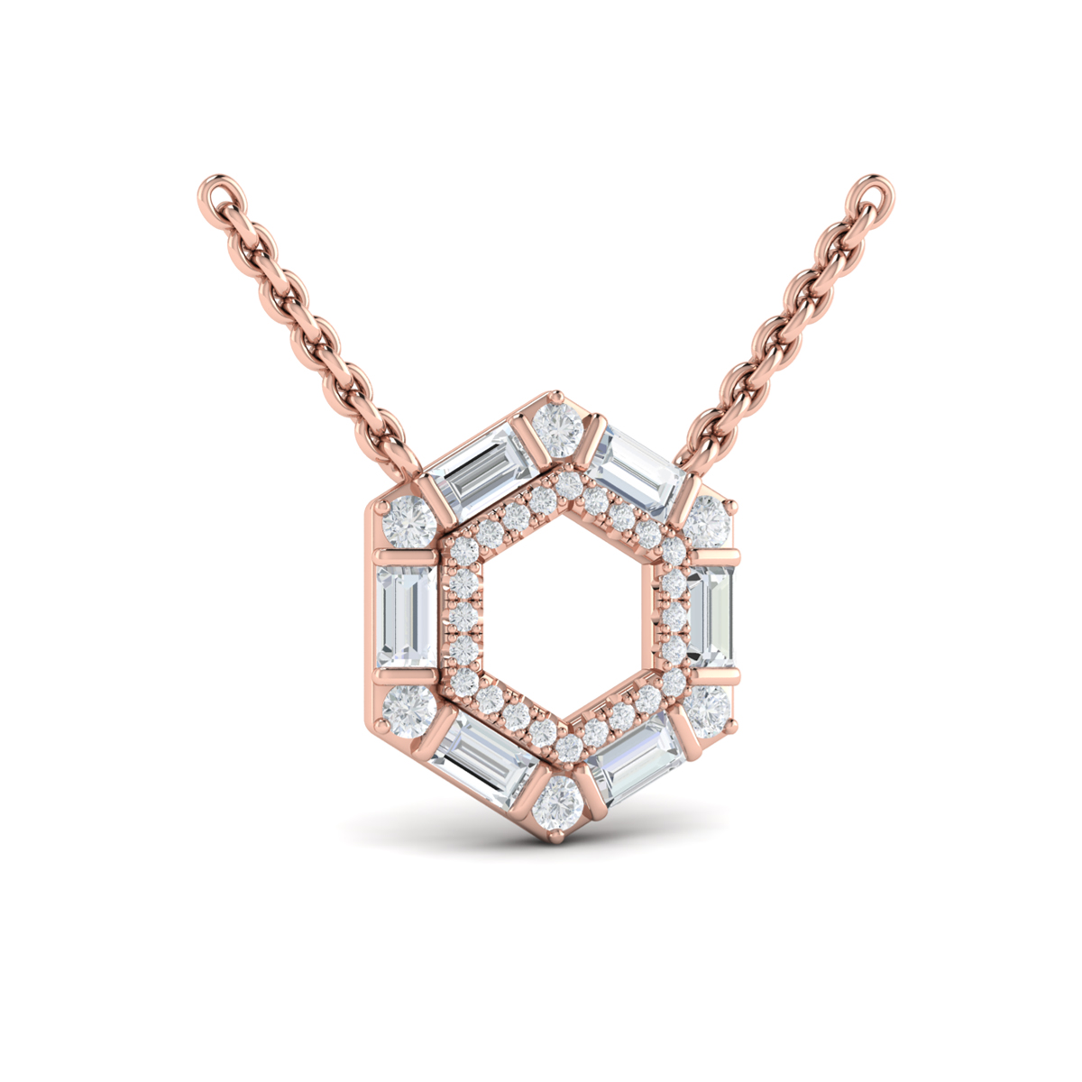 Diamond Baguette Double Row Open Honeycomb Pendant Necklace