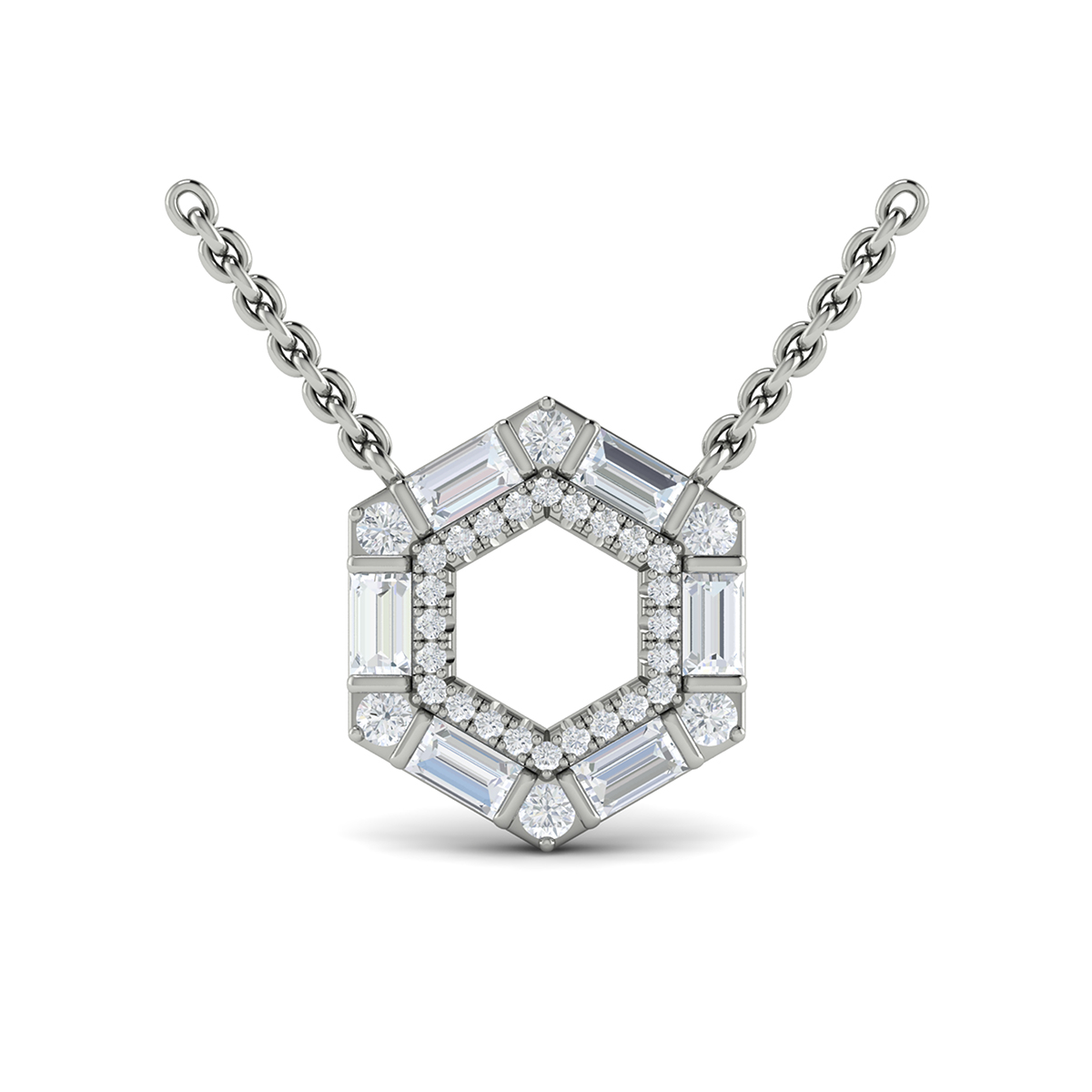 Diamond Baguette Double Row Open Honeycomb Pendant Necklace