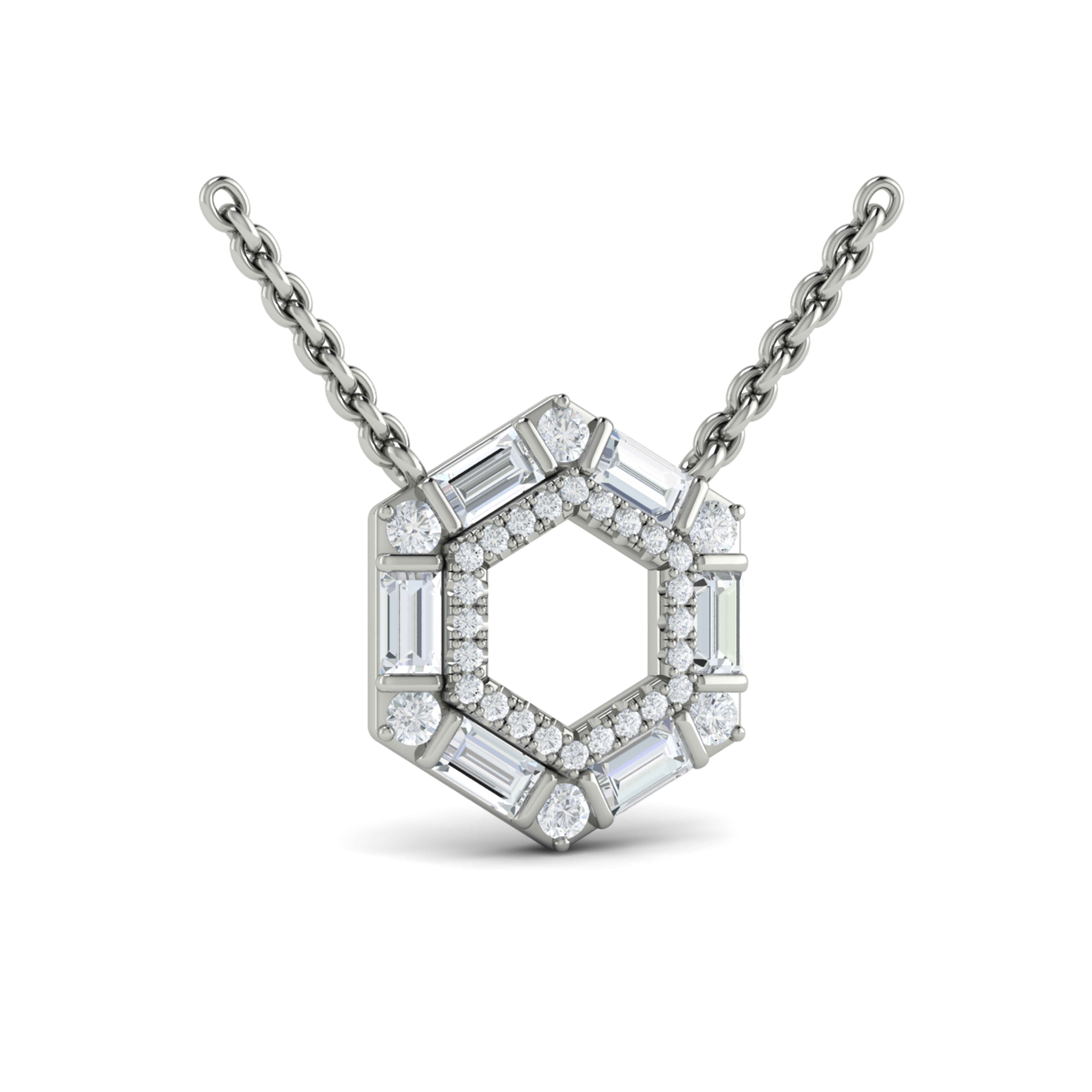 Diamond Baguette Double Row Open Honeycomb Pendant Necklace