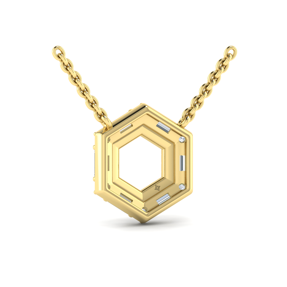 Diamond Baguette Double Row Open Honeycomb Pendant Necklace