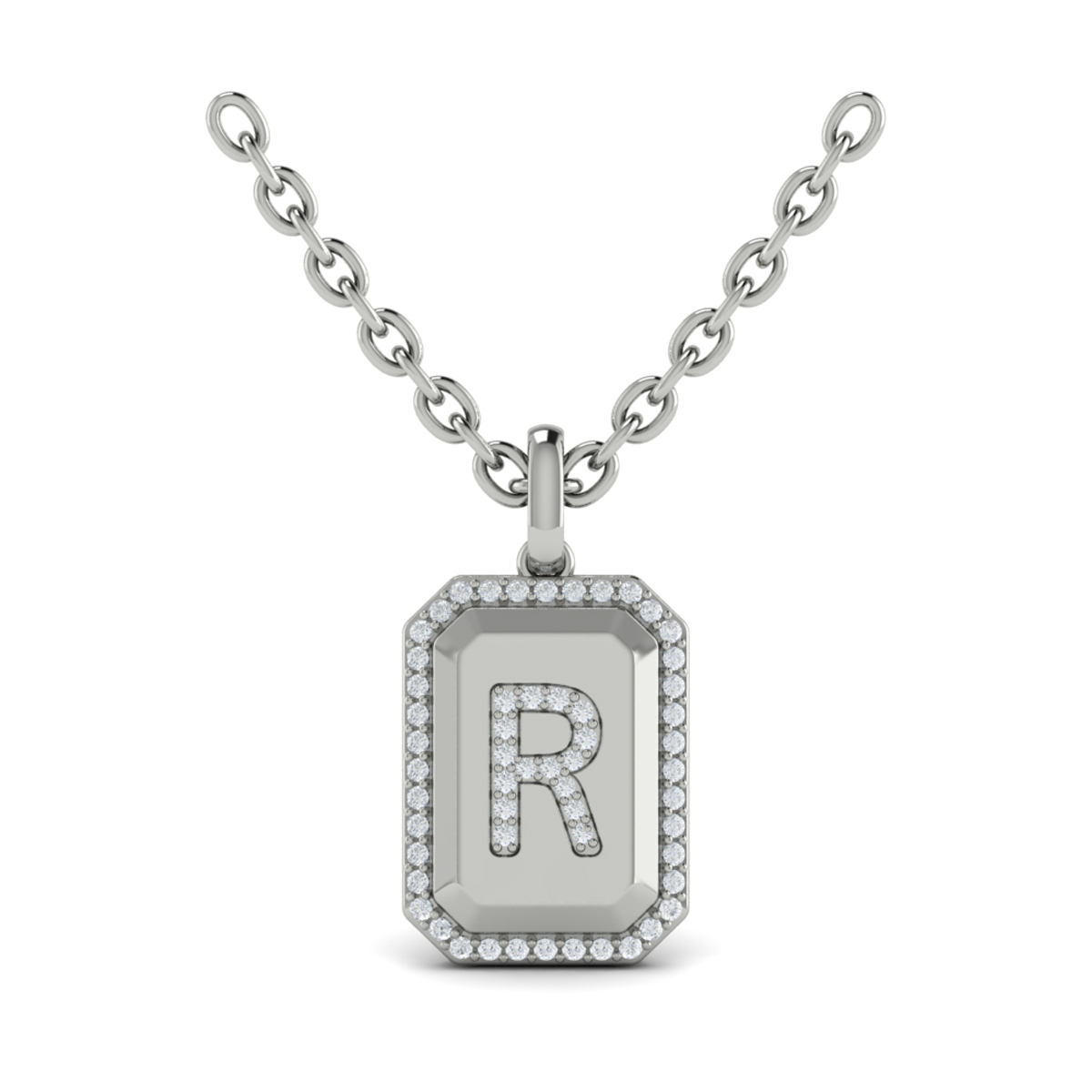 Diamond Medallion Alphabet Pendant Link Necklace, R