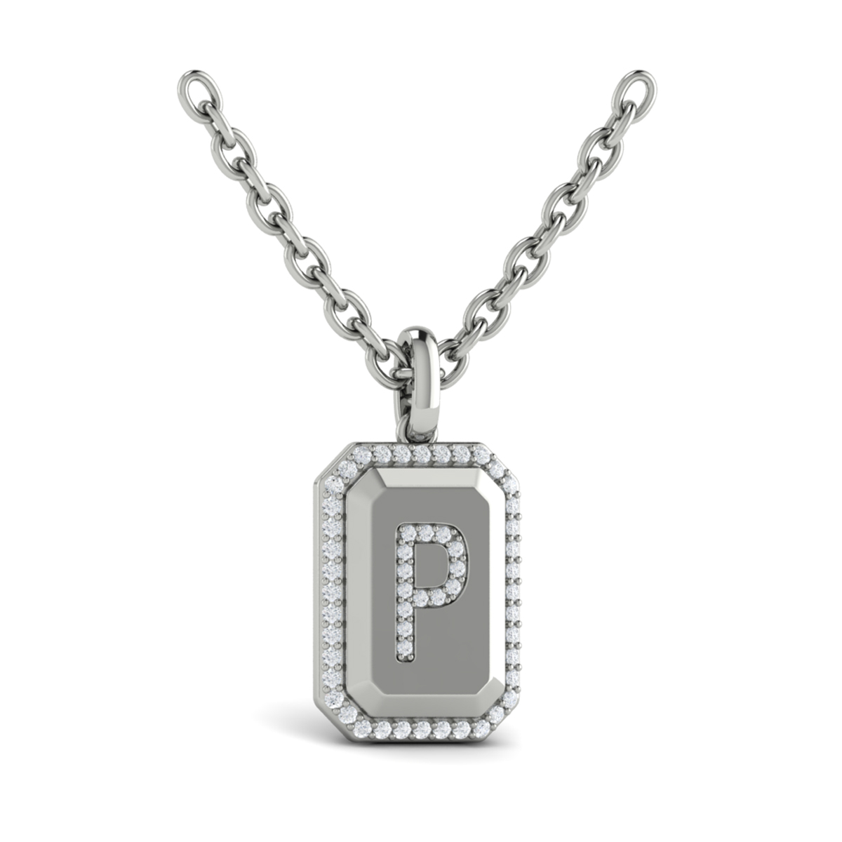 Diamond Medallion Alphabet Pendant Link Necklace, P