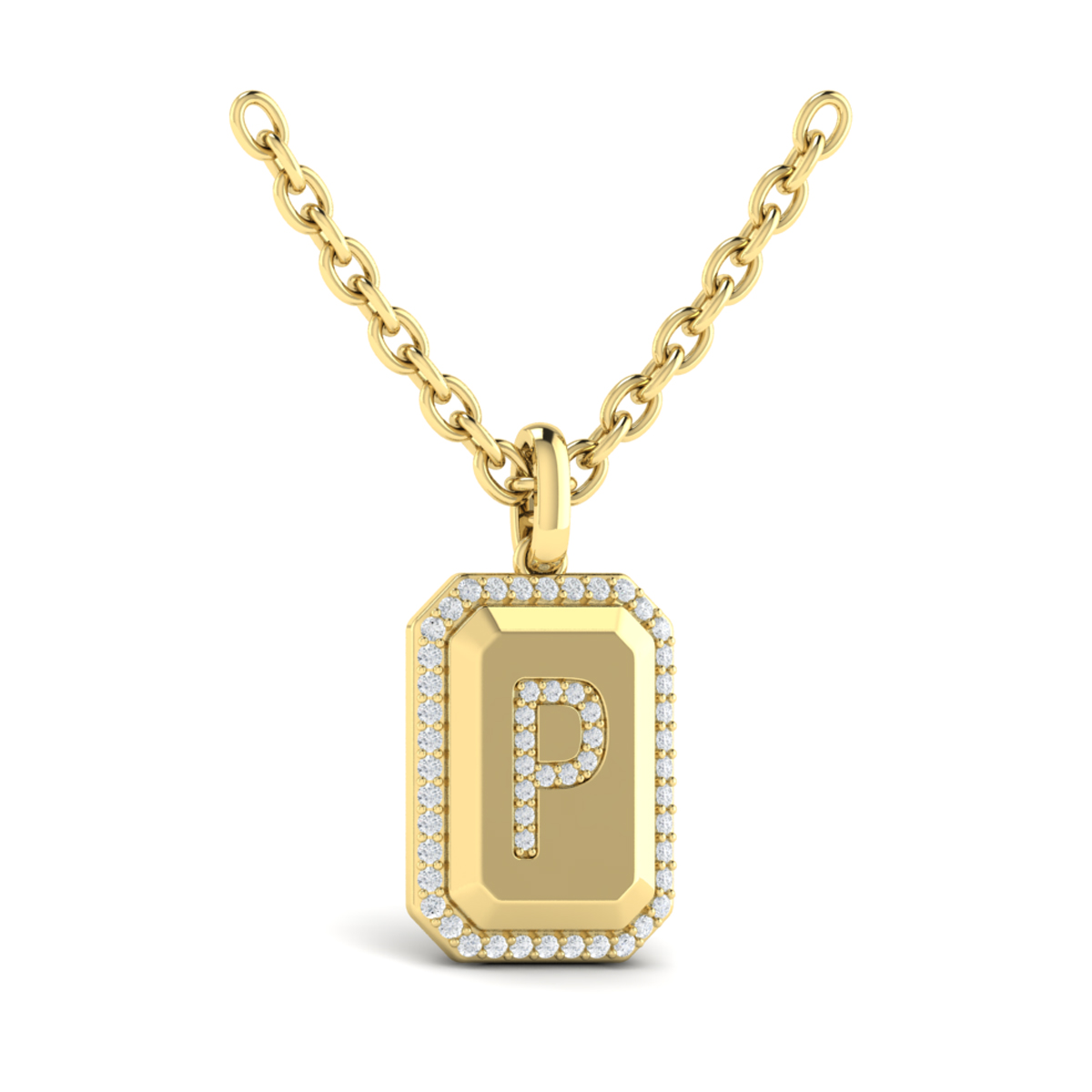 Diamond Medallion Alphabet Pendant Link Necklace, P