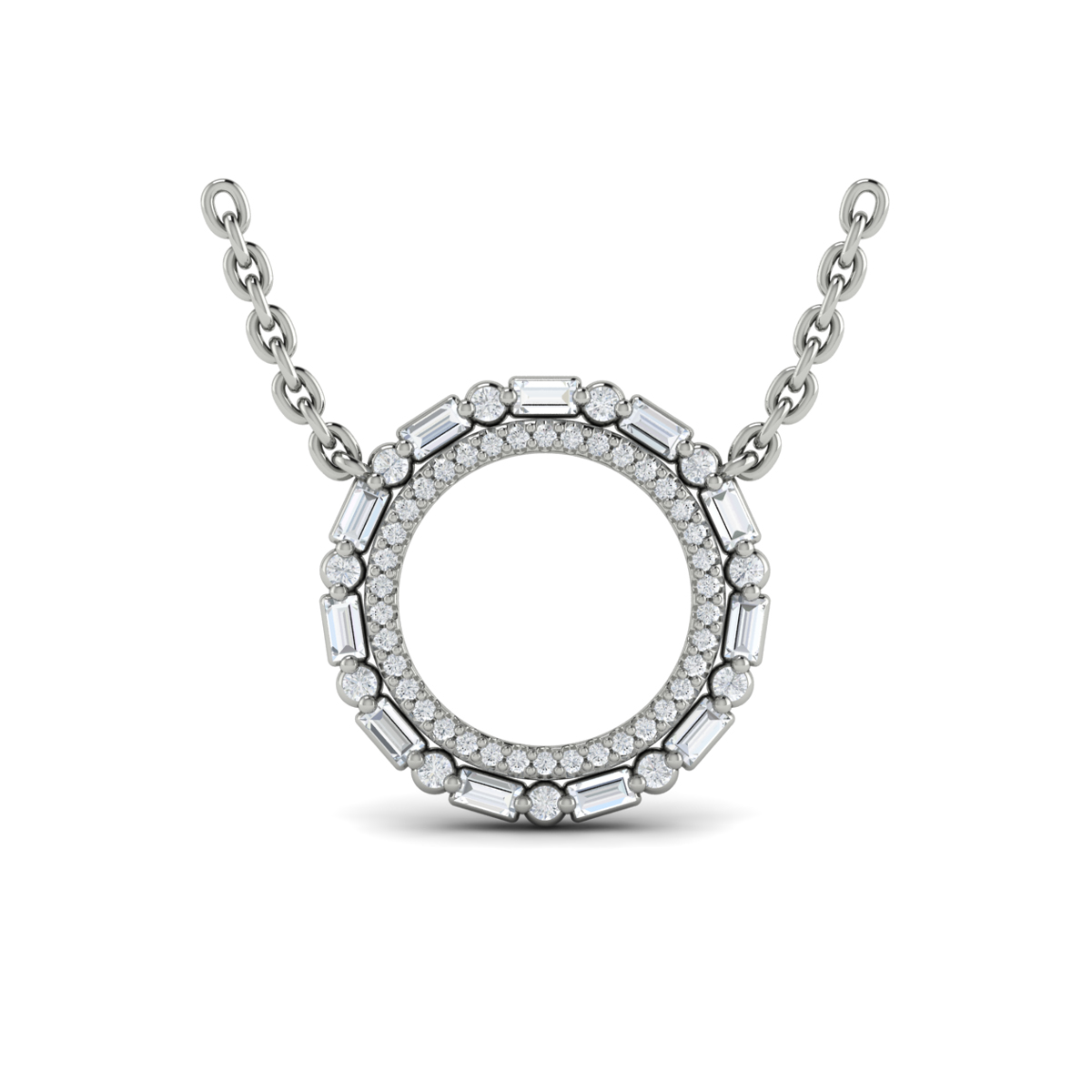 Diamond Baguette Double Open Circle Pendant Necklace
