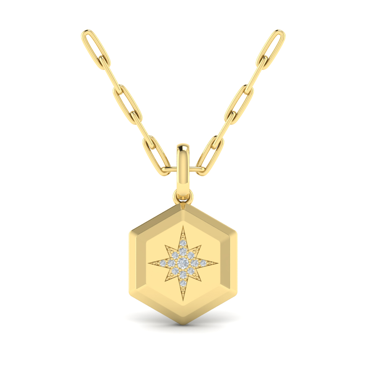 Center Starburst Diamond and Bezel Hexagon Pendant Necklace