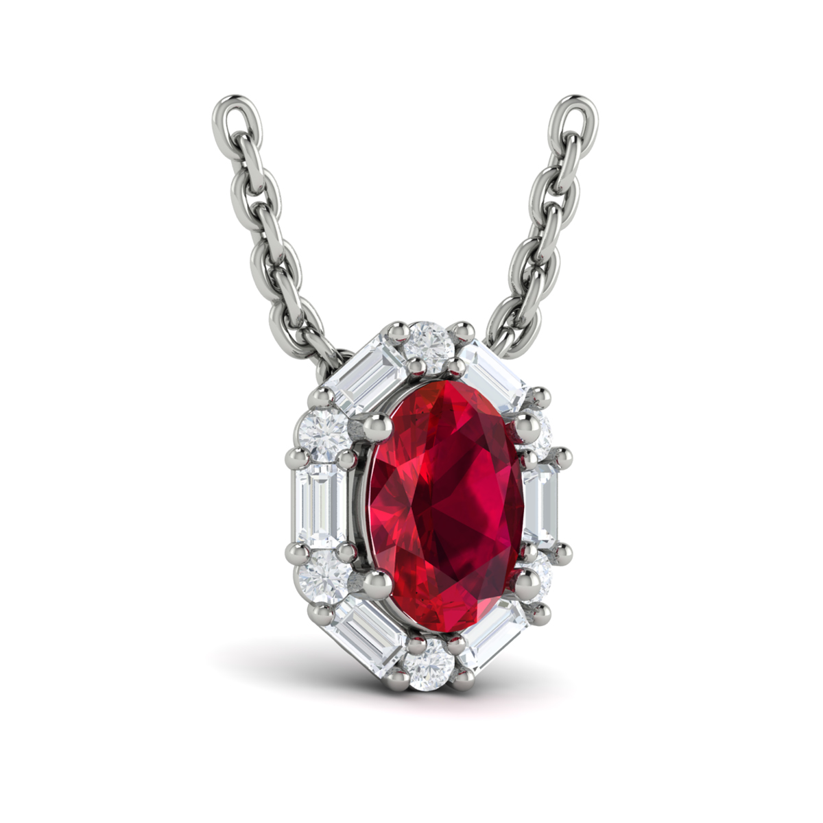 Oval Ruby and Diamond Baguette Pendant