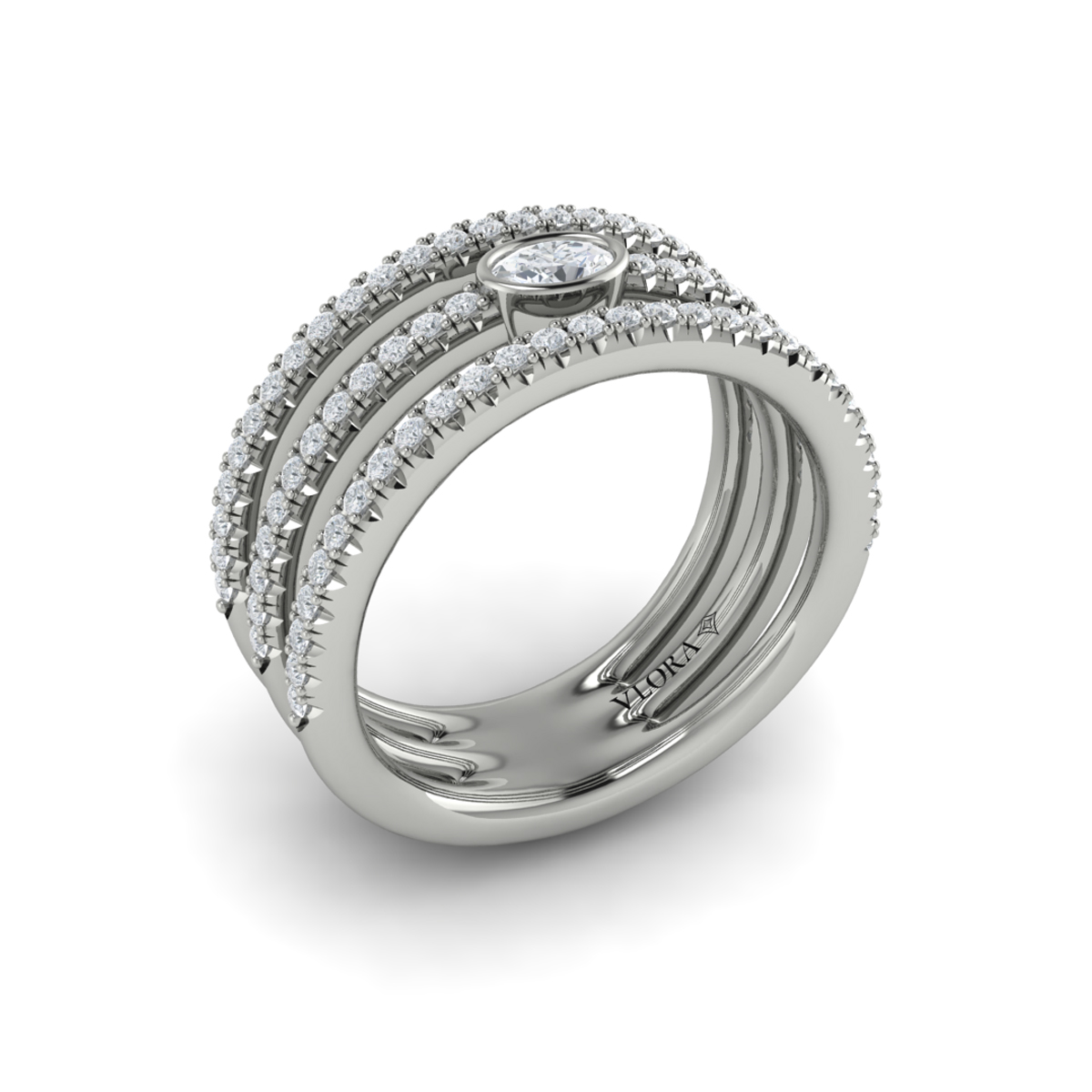 Diamond Open Three Row and Oval Centerstone Ring