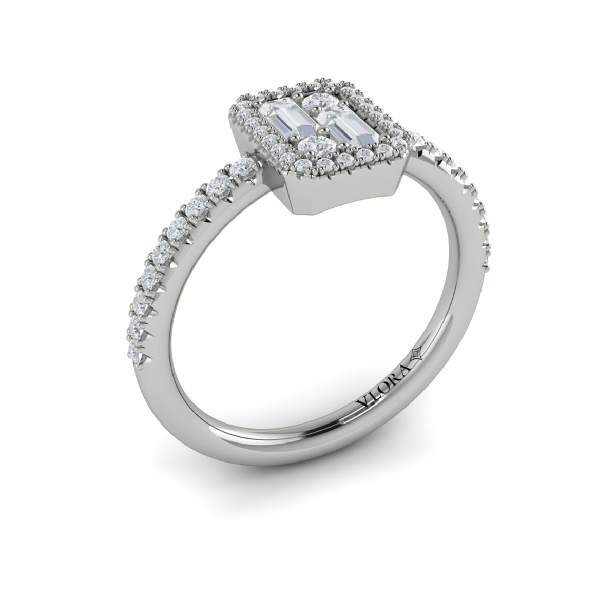 Diamond Halo with Diamond Baguettes Ring