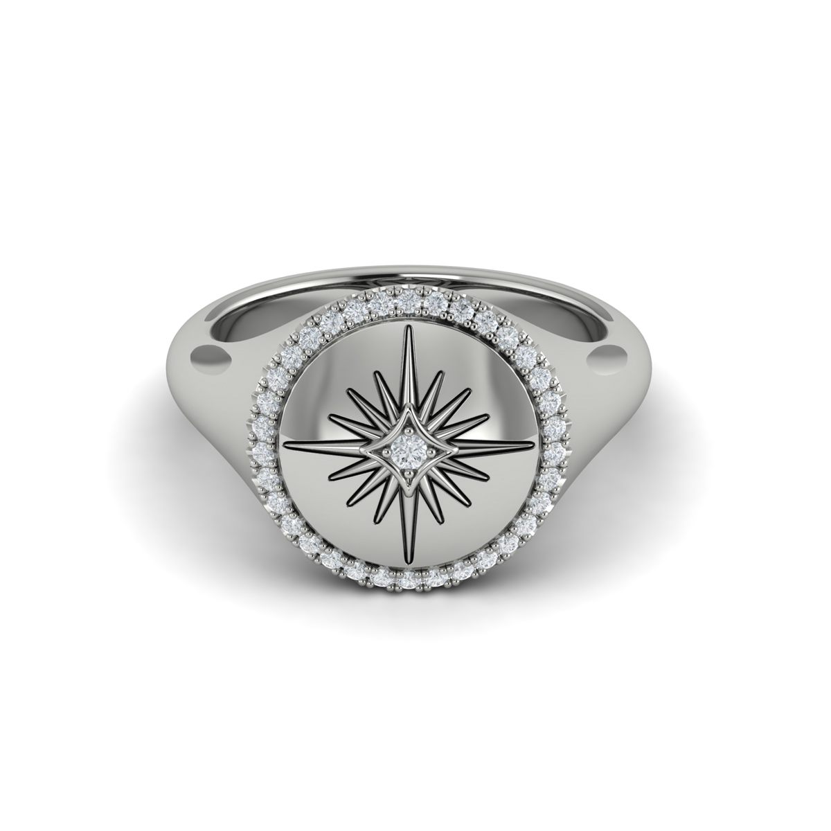 Center Starburst Diamond and Bezel Signet Ring