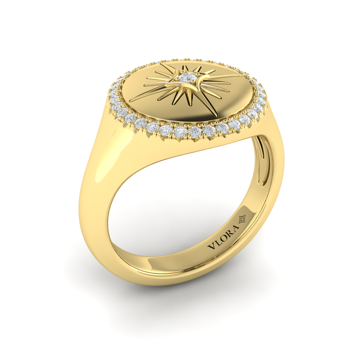 Center Starburst Diamond and Bezel Signet Ring