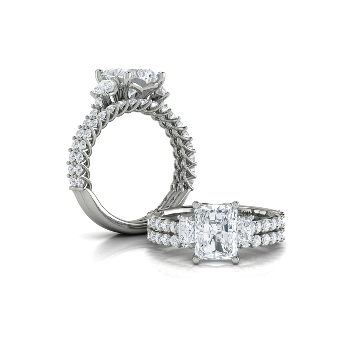 Interwoven Emerald Cut Three Stone Engagement Ring