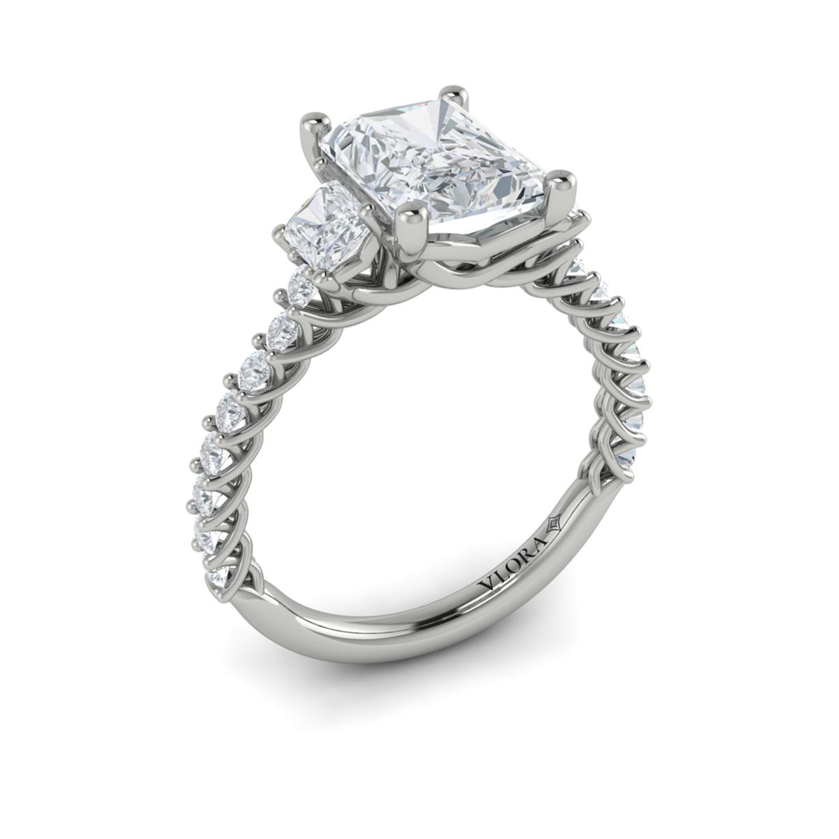 Interwoven Emerald Cut Three Stone Engagement Ring