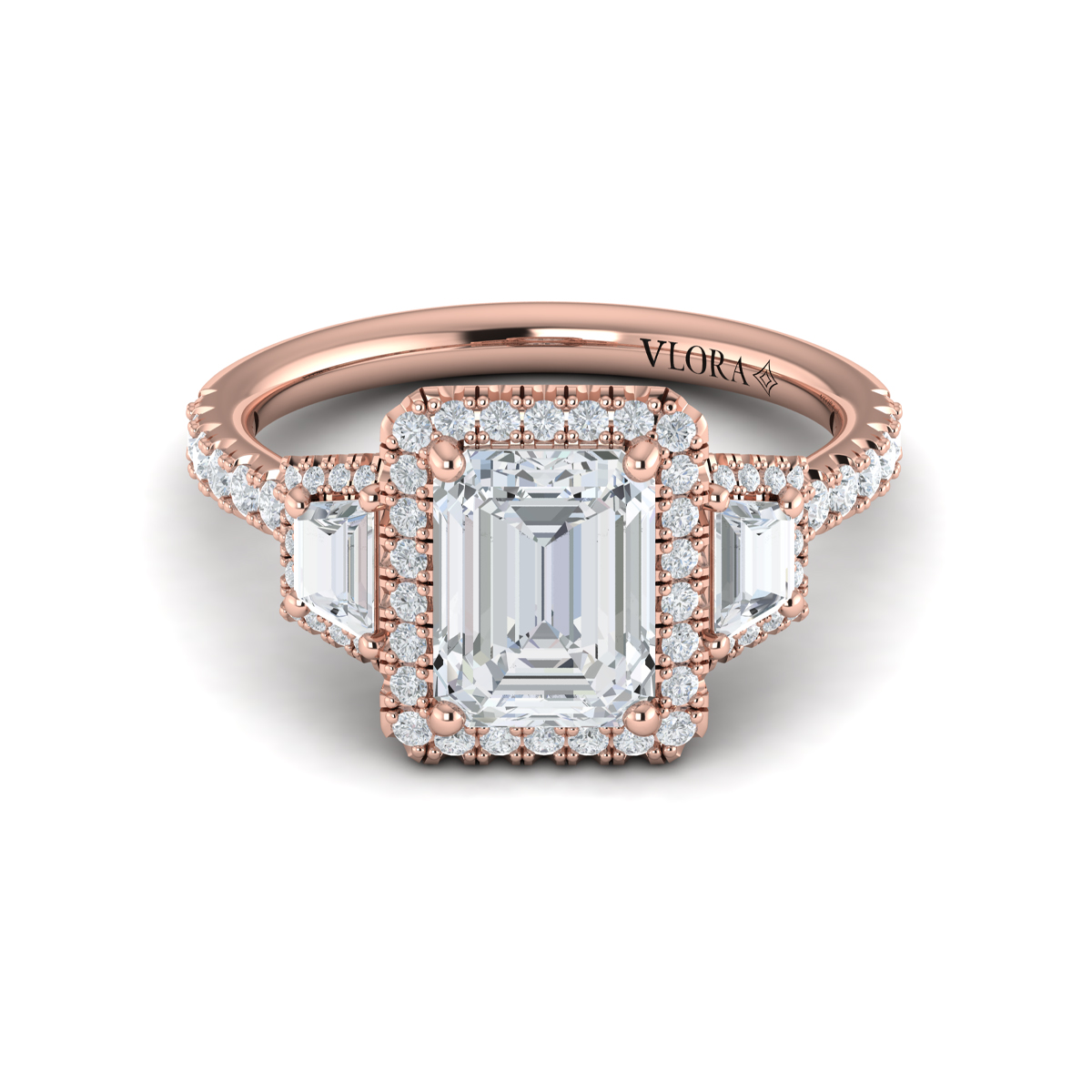 Trio Emerald Cut Halo Engagement Ring