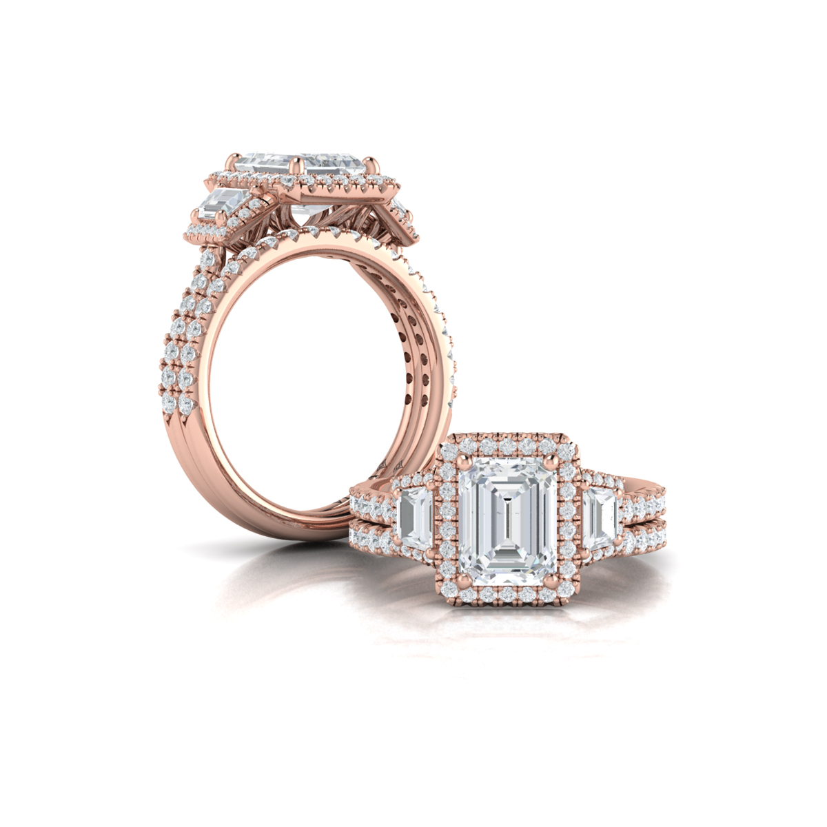Trio Emerald Cut Halo Engagement Ring