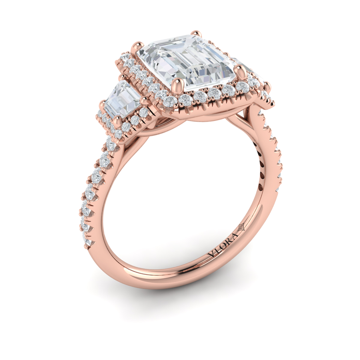Trio Emerald Cut Halo Engagement Ring