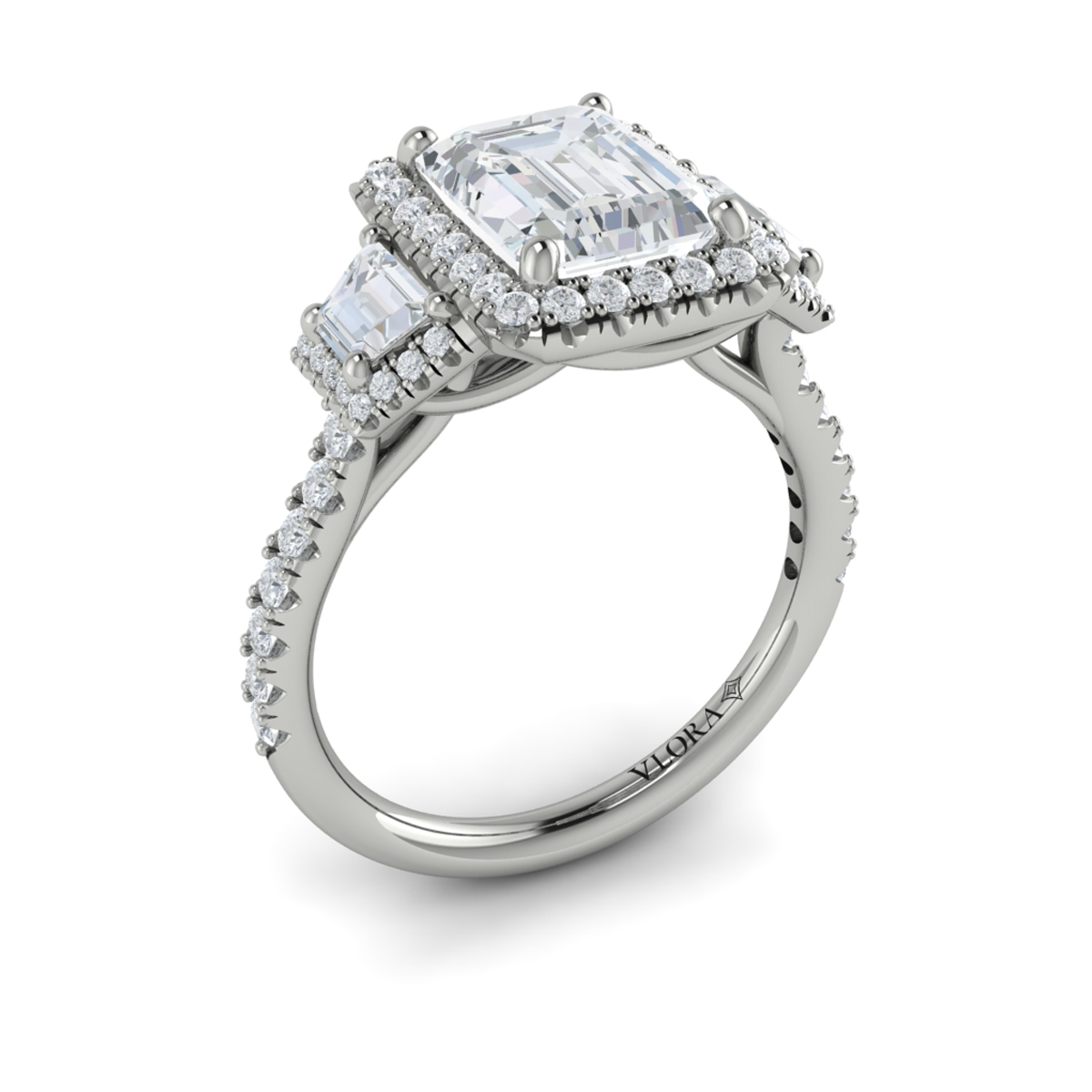 Trio Emerald Cut Halo Engagement Ring