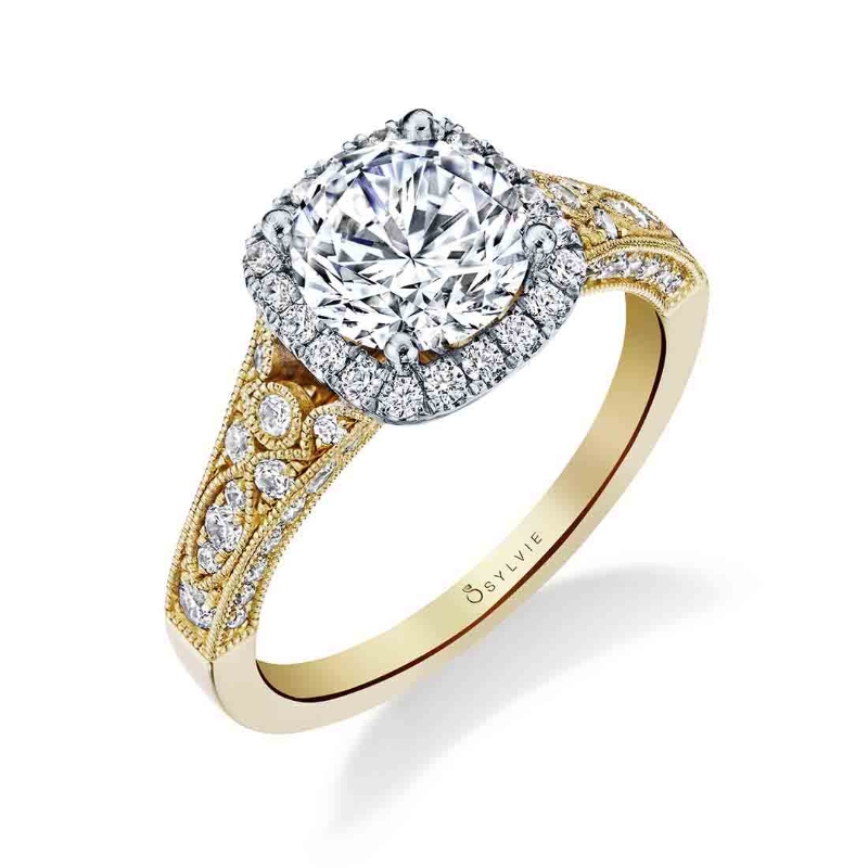 Round Cut Modern Vintage Two Tone Cushion Halo Engagement Ring - Cheri