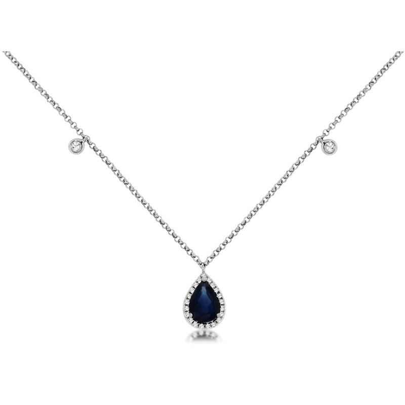 14K WHITE GOLD .88CT PEAR SHAPED SAPPHIRE PENDANT WITH .12CTTW ROUND I1 CLARITY &HI COLOR DIAMONDS SET IN THE HALO AND DROPS ON A CABLE CHAIN