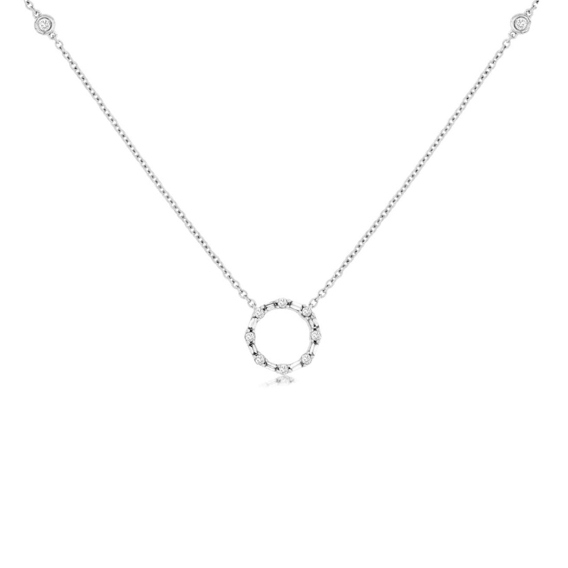 14K WHITE GOLD .28CTTW ROUND AND BAGUETTE I1 CLARITY & HI COLOR DIAMONDS BY THE YARD NECKALCE WITH A CIRCLE PENDANT
